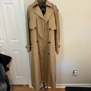 VTG Etienne Aigner Double Breasted Trench Coat Sz 12 Khaki Belted Leather Trim